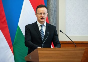 epa10426672 Hungarian Minister of Foreign Affairs and Trade Peter Szijjarto holds a joint press conference with Mikayil Jabbarov, Minister of Econom? of the Republic of Azerbaijan (not seen) in Szijjarto's office in Budapest, Hungary, 24 January 2023.  EPA-EFE/Marton Monus HUNGARY OUT