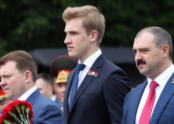 MINSK, BELARUS - JUNE 3, 2020: Belarusian President Lukashenko s sons Dmitry Lukashenko, Nikolai Lukashenko, and Viktor Lukashenko L-R take part in a procession in Praspekt Nezalezhnasti Street during celebrations marking Independence Day. Natalia Fedosenko/TASS PUBLICATIONxINxGERxAUTxONLY TS0DEF2B