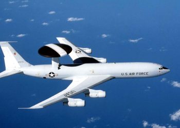 The E-3 Sentry is an airborne warning and control system (AWACS) aircraft that provides all-weather surveillance, command, control and communications needed by commanders of U.S. and NATO air defense forces. As proven in Desert Storm, it is the premier air battle command and control aircraft in the world today. The E-3 Sentry is a modified Boeing 707/320 commercial airframe with a rotating radar dome. The dome is 30 feet (9.1 meters) in diameter, six feet (1.8 meters) thick, and is held 11 feet (3.3 meters) above the fuselage by two struts. It contains a radar subsystem that permits surveillance fromthe Earth's surface up into the stratosphere, over land or water. The radar has a range of more than 200 miles (320 kilometers) for low-flying targets and farther for aerospace vehicles flying at medium to high altitudes. The radar combined with an identification friend or foe subsystem can look down to detect, identify and track enemy and friendly low-flying aircraft by eliminating ground clutter returns that confuse other radar systems. (U.S. Air Force photo)
